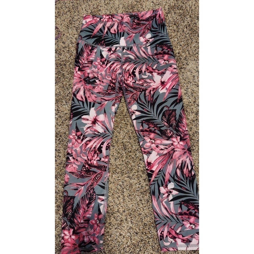 𝅺Evolution and Creation Women's Yoga Pants. Floral Pink and Grey